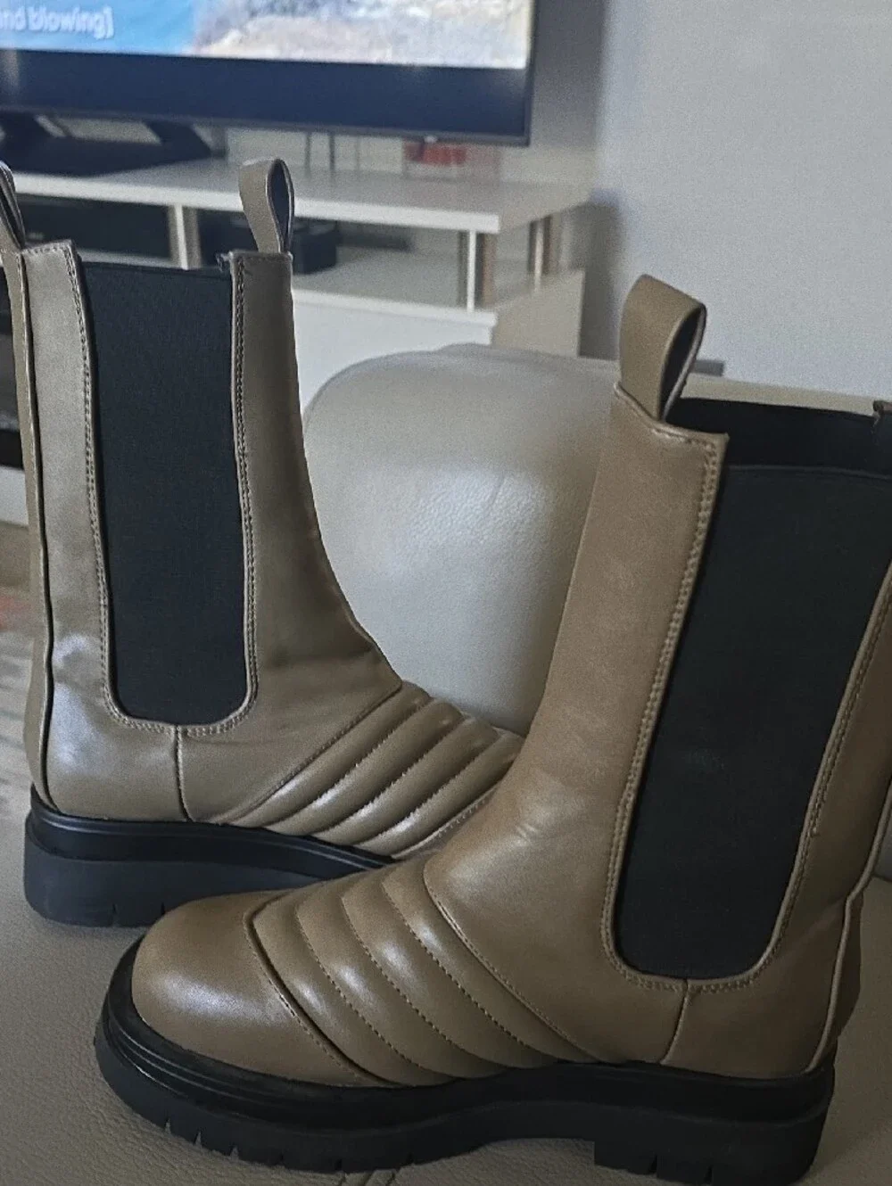 Ego Ayah Stitch Detail Mid Calf  Ankle Boots in Taupe